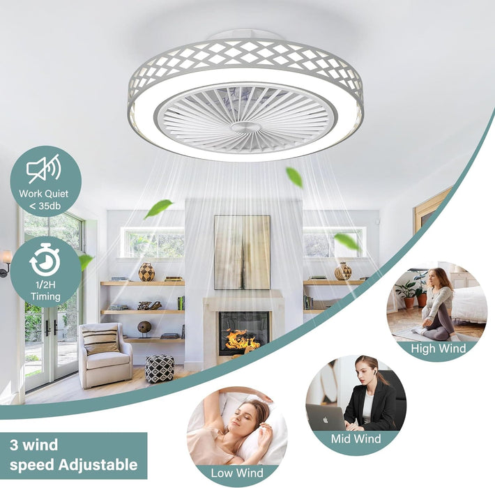 19 in. Modern Flush Mount Ceiling Fan with Light and Remote, Dimmable Low Profile Enclosed Ceiling Fan, Bladeless Ceiling Fan for Living Room-5-ErisView
