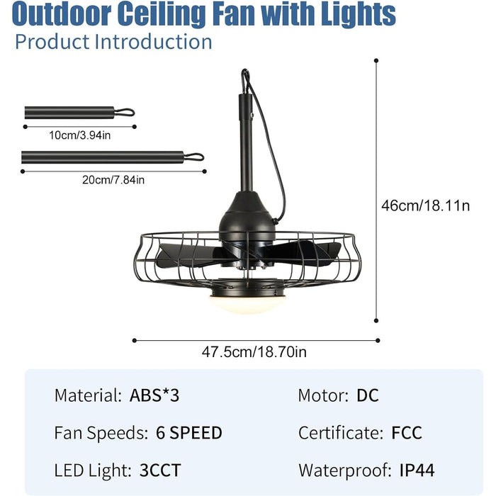 19 in. Vintage Waterproof Outdoor Fans for Pergola, Caged Enclosed Ceiling Fan with Lights, Wet Rated Outdoor Ceiling Fans with Remote for Gazebo Patio-2-ErisView