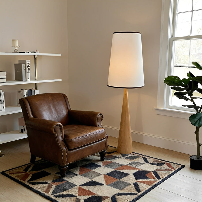 Vintage Wood Tapered Floor Lamp - Fabric Shade, Remote Control Dimming, Modern Retro Style