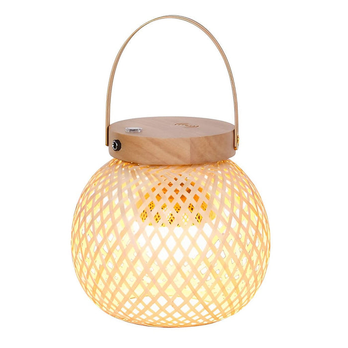 Portable Woven Shade Desk Lantern with Handle. Bamboo Table Lamp with Lid