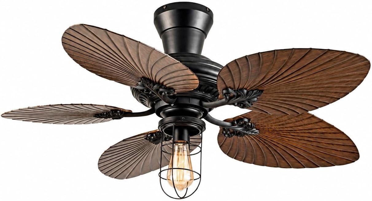 52 in. Outdoor Flush Mount Palm Leaf Ceiling Fans with Lights and Remote
