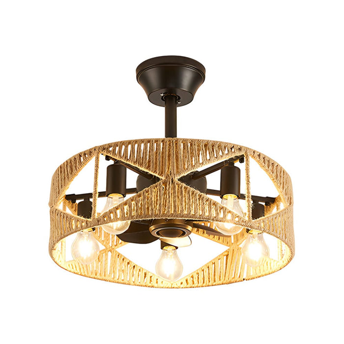 20-in Hemp Rope-Woven Caged Ceiling Fan with Light and Remote. 6-Speed