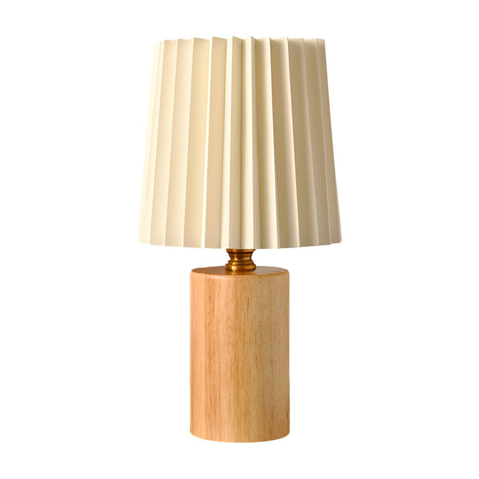 Pleated Drum Wood Cylinder Column Table Lamp. Vintage 1-light Changeable E27