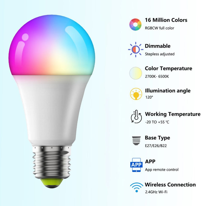 Smart LED Light Bulb, Dimmable WiFi E26, RGB CCT Color Changing, App/Voice Control, Alexa/Google Home, Indoor Home/Living Room/Bedroom