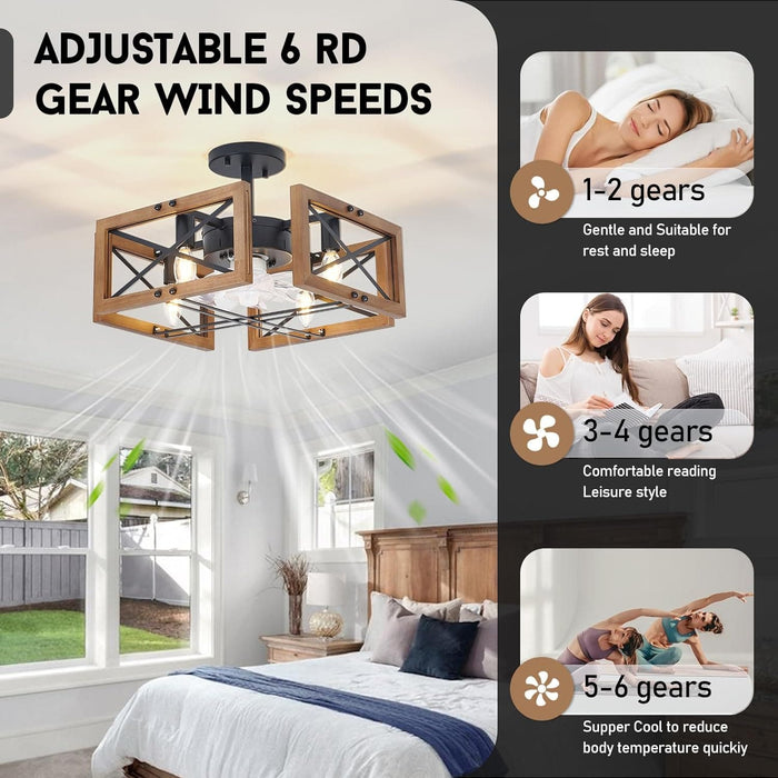 20 in. Antique Wood Low Profile Ceiling Fans for Bedroom Living Room Kitchen, Farmhouse Flush Mount Ceiling Fan with Light and Remote Control-2-ErisView
