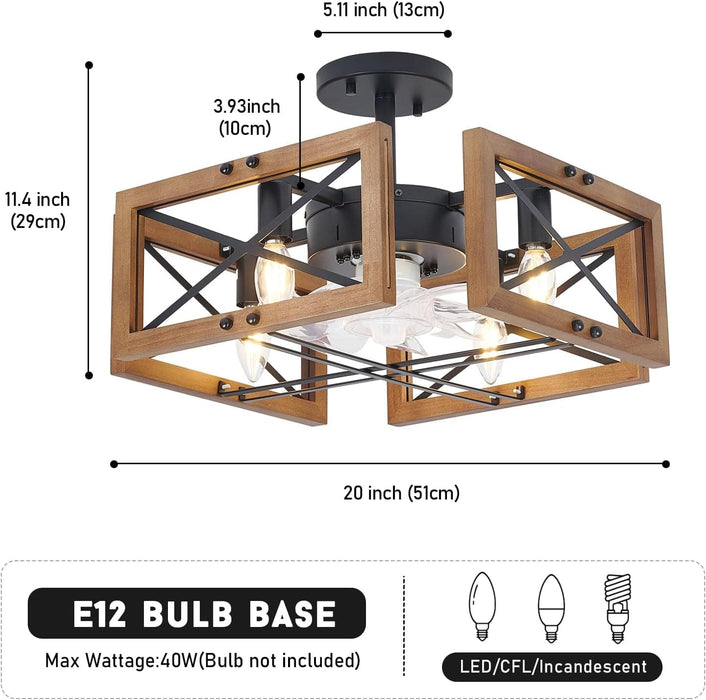 20 in. Antique Wood Low Profile Ceiling Fans for Bedroom Living Room Kitchen, Farmhouse Flush Mount Ceiling Fan with Light and Remote Control-7-ErisView