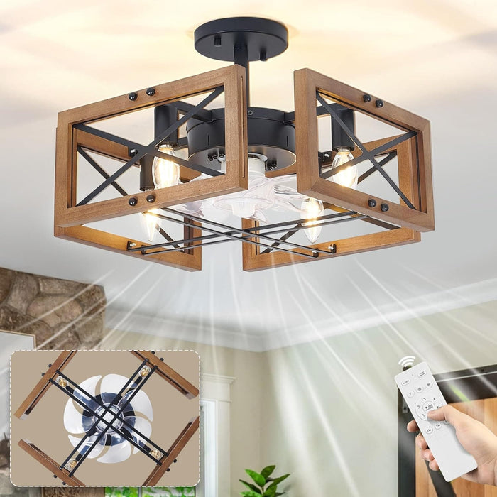 20 in. Antique Wood Low Profile Ceiling Fans for Bedroom Living Room Kitchen, Farmhouse Flush Mount Ceiling Fan with Light and Remote Control-8-ErisView