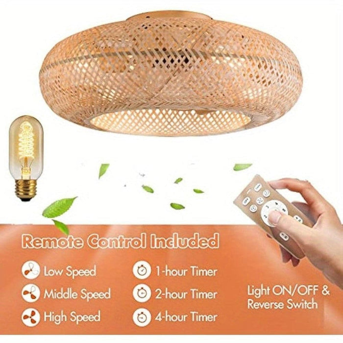 20 in. Bamboo Low Profile Ceiling Fan with Light Remote Control, Farmhouse Flush Mount Ceiling Fan Light Fixture for Bedroom Living Room Kitchen-ErisView