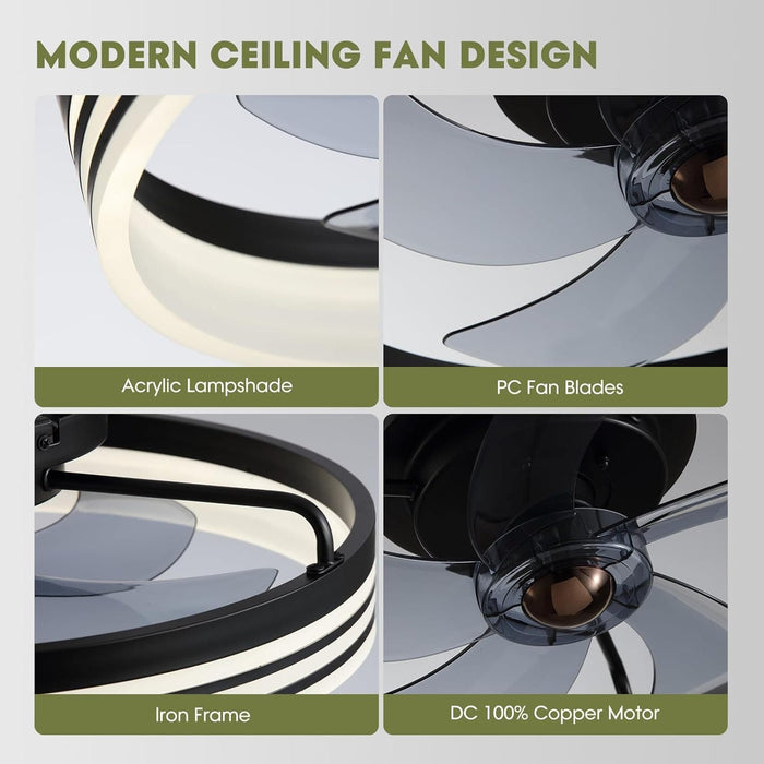 20 in. Black Bedroom Ceiling Fans with Lights, Fandelier Flush Mount and Light Remote, Smart Low Profile Ceiling Fan for Bedroom Kids Room Living Room -6-ErisView