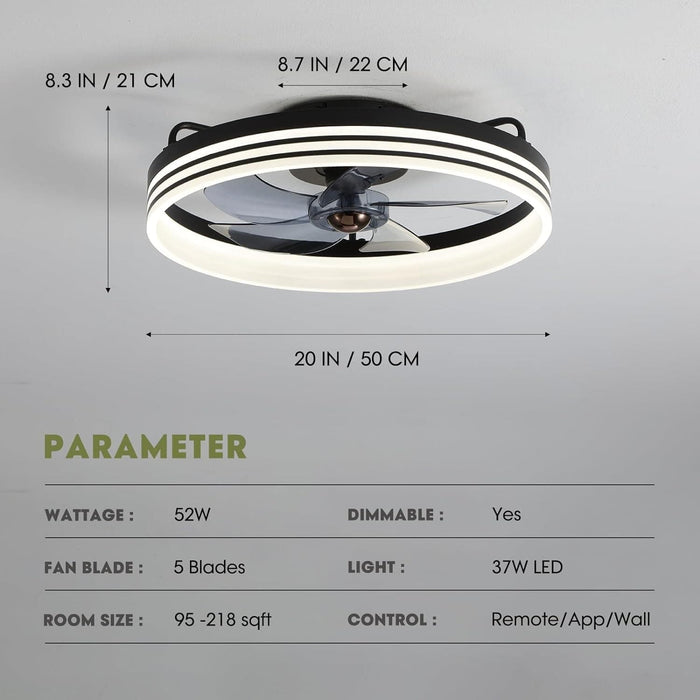 20 in. Black Bedroom Ceiling Fans with Lights, Fandelier Flush Mount and Light Remote, Smart Low Profile Ceiling Fan for Bedroom Kids Room Living Room -7-ErisView