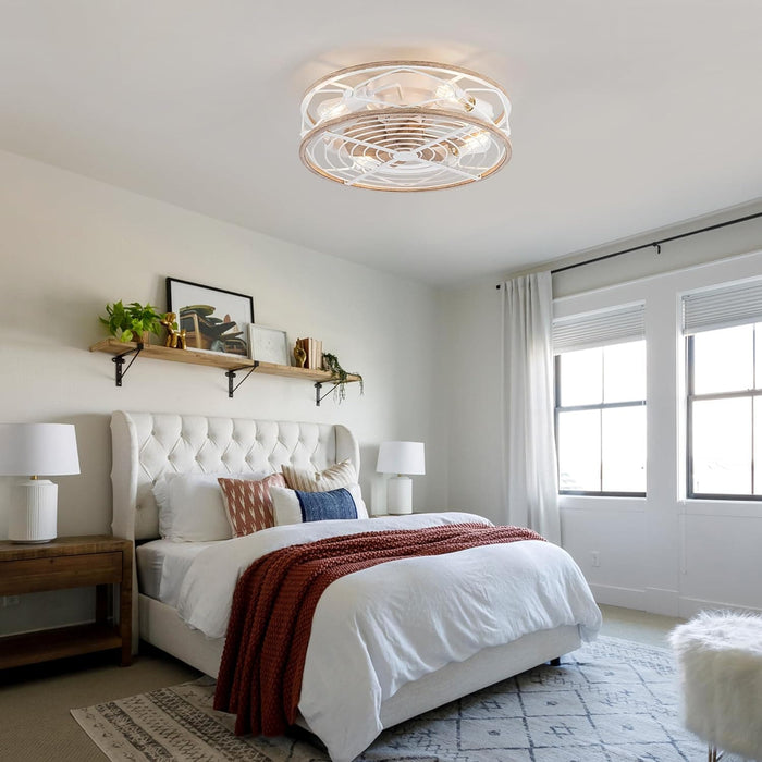 20 in. Black Bladeless Caged Ceiling Fan with Light Remote Control, Low Profile Modern Fan Enclosed Ceiling Fan, Reversible Fan for Summer Winter -16-ErisView