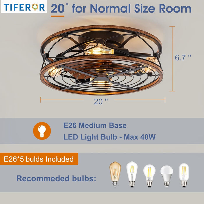 20 in. Black Bladeless Caged Ceiling Fan with Light Remote Control, Low Profile Modern Fan Enclosed Ceiling Fan, Reversible Fan for Summer Winter -18-ErisView