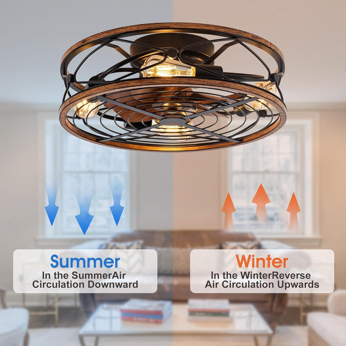 20 in. Black Bladeless Caged Ceiling Fan with Light Remote Control, Low Profile Modern Fan Enclosed Ceiling Fan, Reversible Fan for Summer Winter -20-ErisView