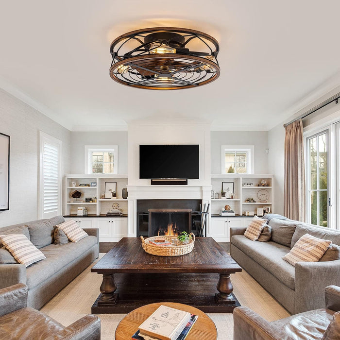 20 in. Black Bladeless Caged Ceiling Fan with Light Remote Control, Low Profile Modern Fan Enclosed Ceiling Fan, Reversible Fan for Summer Winter -24-ErisView