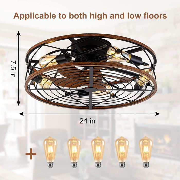 20 in. Black Bladeless Caged Ceiling Fan with Light Remote Control, Low Profile Modern Fan Enclosed Ceiling Fan, Reversible Fan for Summer Winter -27-ErisView