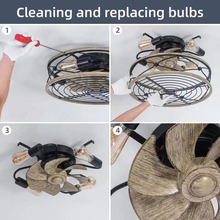 20 in. Black Bladeless Caged Ceiling Fan with Light Remote Control, Low Profile Modern Fan Enclosed Ceiling Fan, Reversible Fan for Summer Winter -37-ErisView