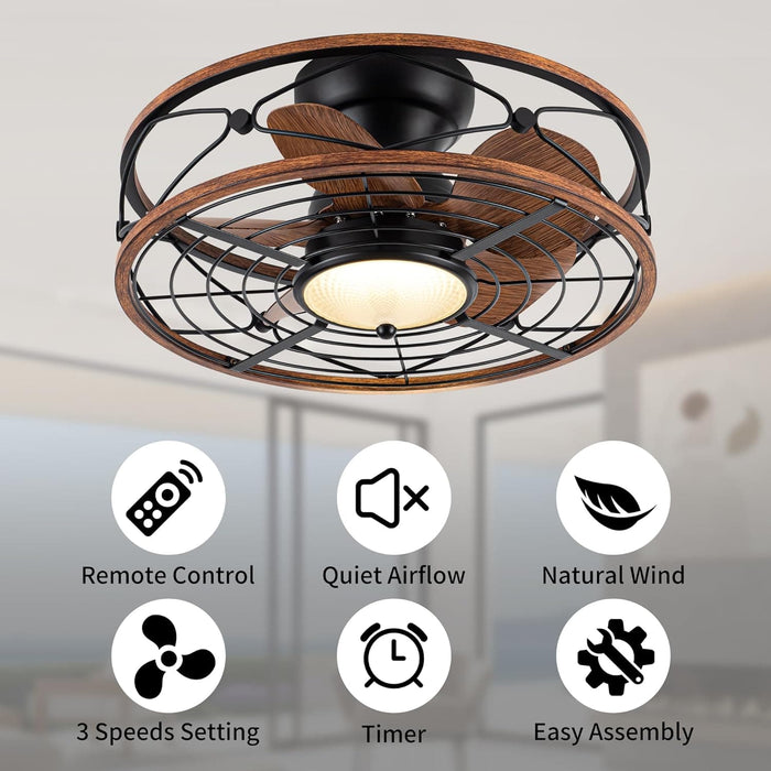 20 in. Black Bladeless Caged Ceiling Fan with Light Remote Control, Low Profile Modern Fan Enclosed Ceiling Fan, Reversible Fan for Summer Winter -46-ErisView
