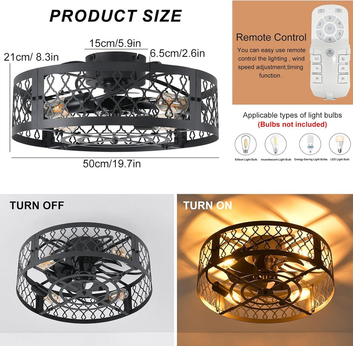 20 in. Black Caged Bladeless Fandelier for Bedroom, Remote Control Fan, Industrial Farmhouse Fan Light Fixtures for Kitchen -2-ErisView