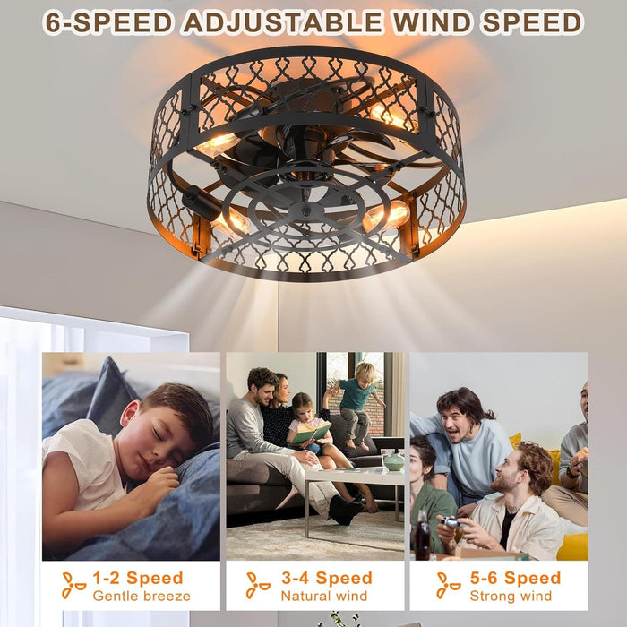 20 in. Black Caged Bladeless Fandelier for Bedroom, Remote Control Fan, Industrial Farmhouse Fan Light Fixtures for Kitchen -3-ErisView