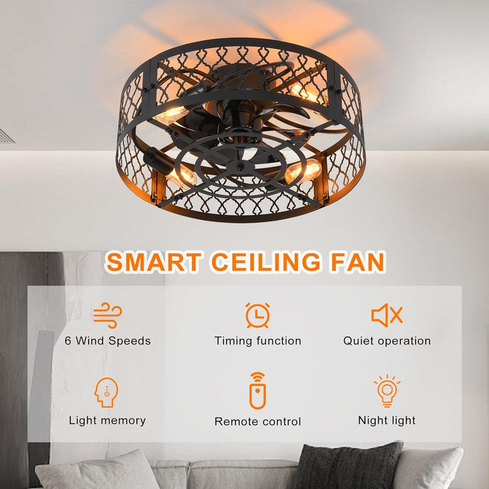 20 in. Black Caged Bladeless Fandelier for Bedroom, Remote Control Fan, Industrial Farmhouse Fan Light Fixtures for Kitchen -4-ErisView