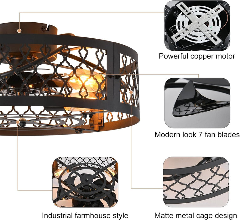 20 in. Black Caged Bladeless Fandelier for Bedroom, Remote Control Fan, Industrial Farmhouse Fan Light Fixtures for Kitchen -9-ErisView