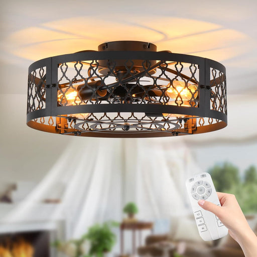 20 in. Black Caged Bladeless Fandelier for Bedroom, Remote Control Fan, Industrial Farmhouse Fan Light Fixtures for Kitchen -1-ErisView