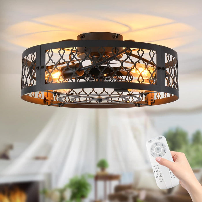 20 in. Black Caged Bladeless Fandelier for Bedroom, Remote Control Fan, Industrial Farmhouse Fan Light Fixtures for Kitchen -1-ErisView