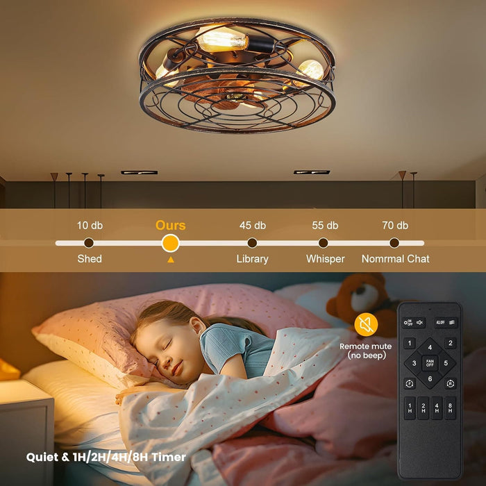 20 in. Black Caged Ceiling Fan with Light, Bladeless Remote Control Fan, Industrial Rustic Farmhouse Ceiling Fan Fixtures for Kitchen Bedroom-4-ErisView
