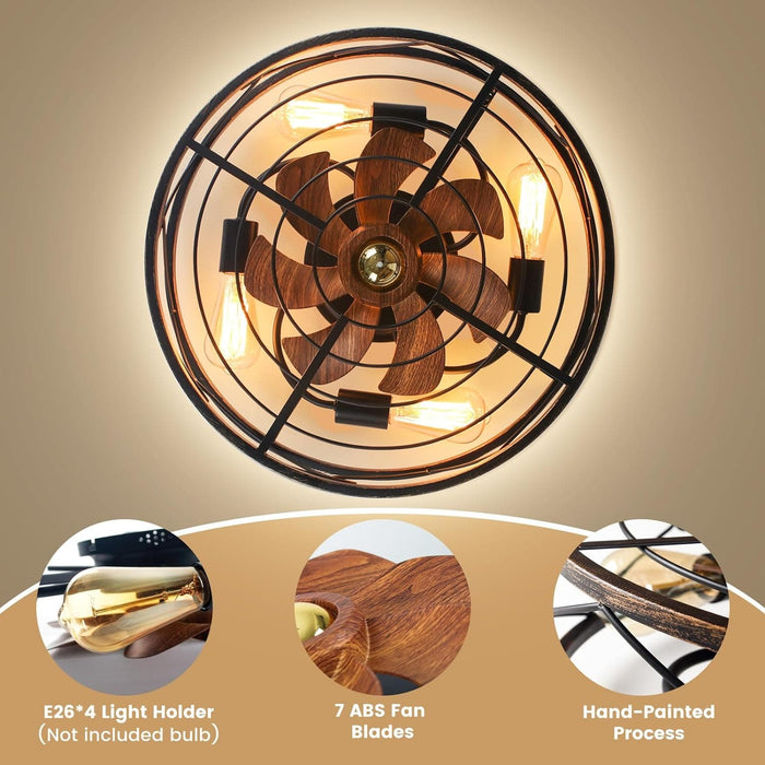 20 in. Black Caged Ceiling Fan with Light, Bladeless Remote Control Fan, Industrial Rustic Farmhouse Ceiling Fan Fixtures for Kitchen Bedroom-5-ErisView