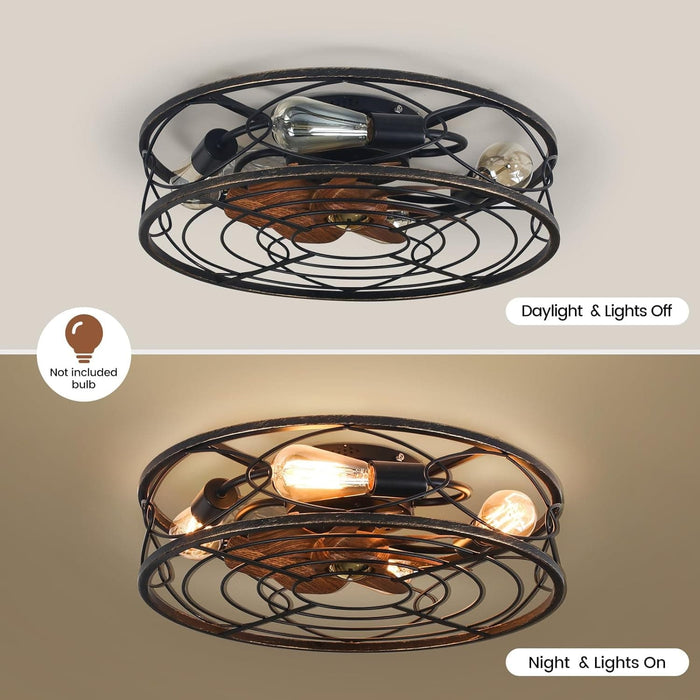20 in. Black Caged Ceiling Fan with Light, Bladeless Remote Control Fan, Industrial Rustic Farmhouse Ceiling Fan Fixtures for Kitchen Bedroom-6-ErisView