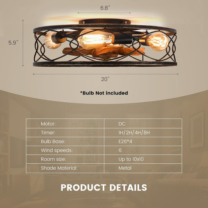 20 in. Black Caged Ceiling Fan with Light, Bladeless Remote Control Fan, Industrial Rustic Farmhouse Ceiling Fan Fixtures for Kitchen Bedroom-7-ErisView