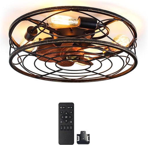 20 in. Black Caged Ceiling Fan with Light, Bladeless Remote Control Fan, Industrial Rustic Farmhouse Ceiling Fan Fixtures for Kitchen Bedroom-1-ErisView