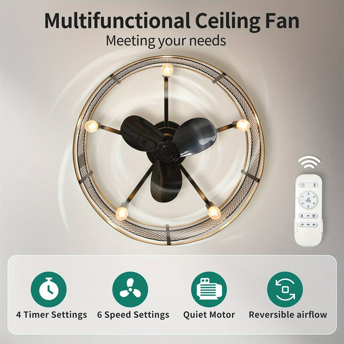 20 in. Black Caged Ceiling Fan with Light Remote Control, Indoor Industrial Enclosed Ceiling Fan with Reversible Blades for Living Room Bedroom Kitchen-ErisView