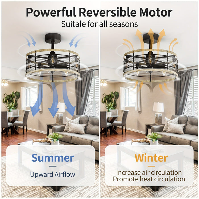 20 in. Black Caged Ceiling Fan with Light Remote Control, Indoor Industrial Enclosed Ceiling Fan with Reversible Blades for Living Room Bedroom Kitchen-ErisView