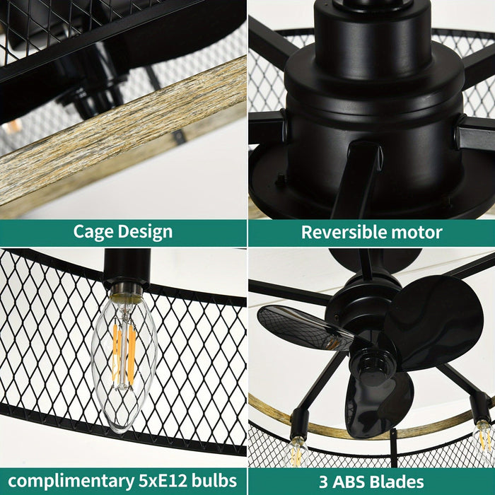 20 in. Black Caged Ceiling Fan with Light Remote Control, Indoor Industrial Enclosed Ceiling Fan with Reversible Blades for Living Room Bedroom Kitchen-ErisView