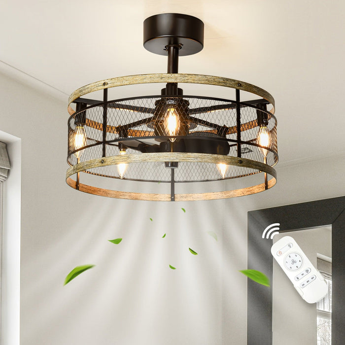 20 in. Black Caged Ceiling Fan with Light Remote Control, Indoor Industrial Enclosed Ceiling Fan with Reversible Blades for Living Room Bedroom Kitchen-ErisView