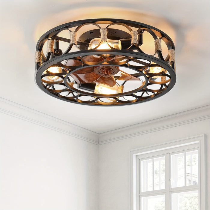 20 in. Black Caged Ceiling Fan with Lights Remote Control, Farmhouse Low Profile Flush Mount Ceiling Fan with Reversible Blades for Living Room-ErisView