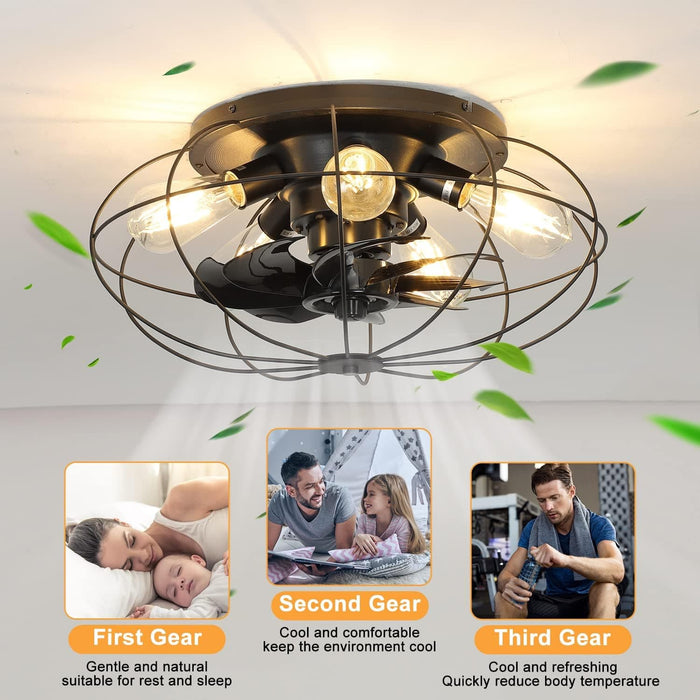 20 in. Black Caged Ceiling Fan with Lights Remote, Low Profile Ceiling Fan without Blades, Farmhouse Ceiling Fan for Kitchen Bedroom Living Room-3-ErisView