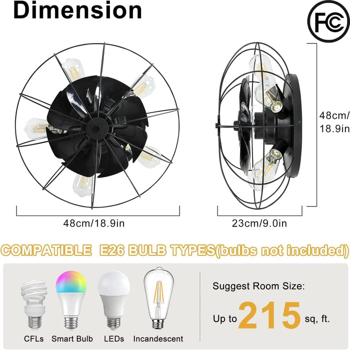 20 in. Black Caged Ceiling Fan with Lights Remote, Low Profile Ceiling Fan without Blades, Farmhouse Ceiling Fan for Kitchen Bedroom Living Room-5-ErisView
