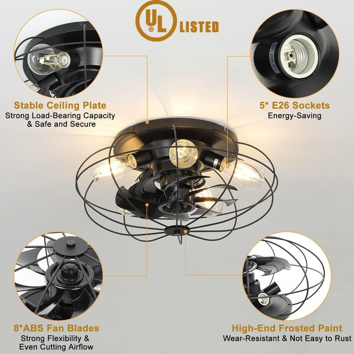 20 in. Black Caged Ceiling Fan with Lights Remote, Low Profile Ceiling Fan without Blades, Farmhouse Ceiling Fan for Kitchen Bedroom Living Room-6-ErisView