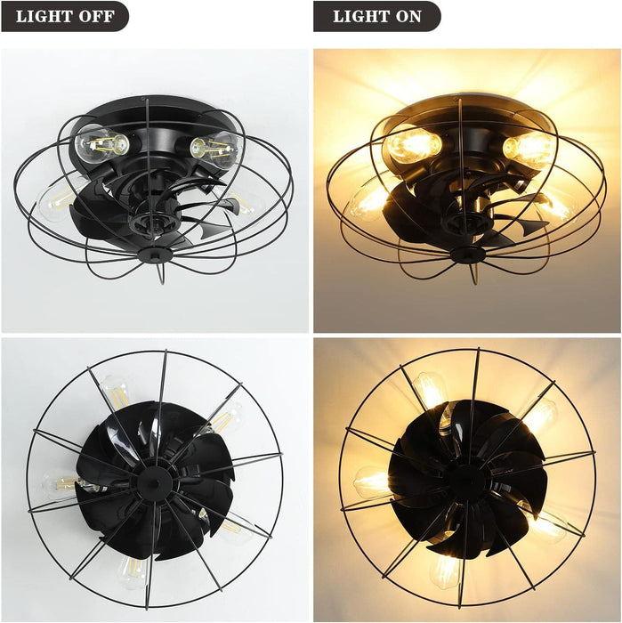 20 in. Black Caged Ceiling Fan with Lights Remote, Low Profile Ceiling Fan without Blades, Farmhouse Ceiling Fan for Kitchen Bedroom Living Room-7-ErisView
