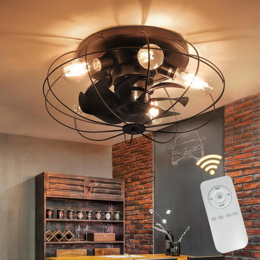20 in. Black Caged Ceiling Fan with Lights Remote, Low Profile Ceiling Fan without Blades, Farmhouse Ceiling Fan for Kitchen Bedroom Living Room-1-ErisView