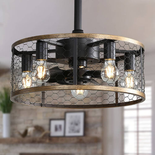 20 in. Black Caged Ceiling Fan with Remote Control and Light Kit, Semi- Flush Mount Ceiling Fan for Living Room Corridor Hallway-ErisView