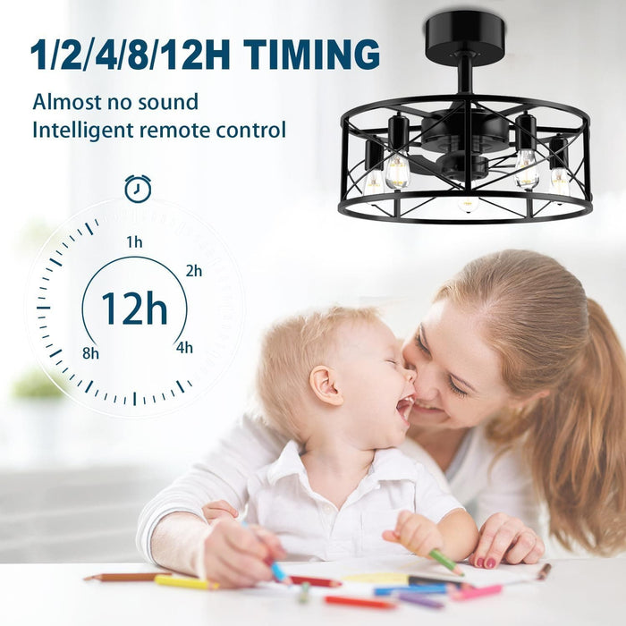 20 in. Black Caged Ceiling Fandelier with Lights and Remote, Farmhouse Flush Mount Ceiling Fan without Blades for Living Room Bedroom Kitchen-3-ErisView