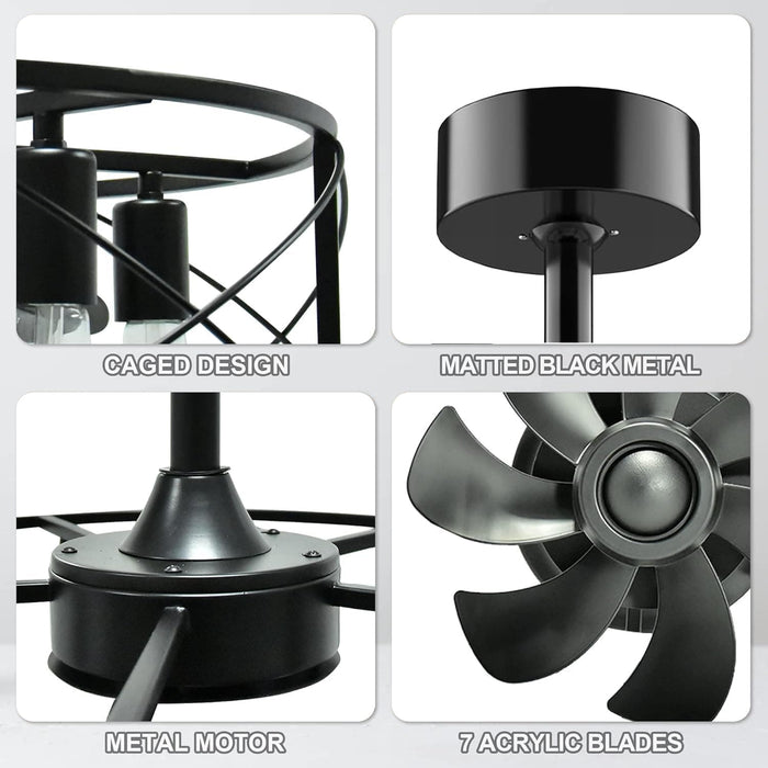 20 in. Black Caged Ceiling Fandelier with Lights and Remote, Farmhouse Flush Mount Ceiling Fan without Blades for Living Room Bedroom Kitchen-5-ErisView