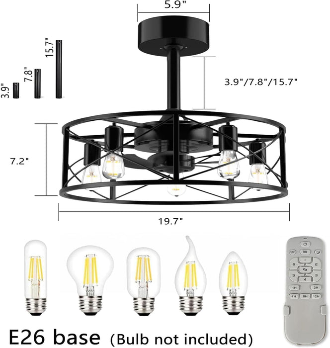 20 in. Black Caged Ceiling Fandelier with Lights and Remote, Farmhouse Flush Mount Ceiling Fan without Blades for Living Room Bedroom Kitchen-6-ErisView