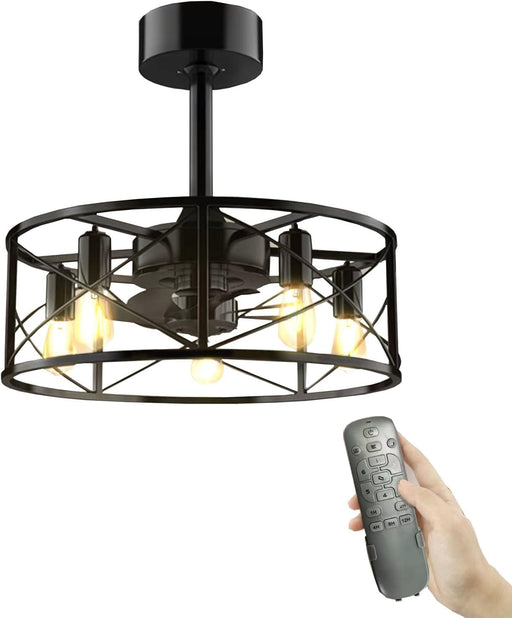 20 in. Black Caged Ceiling Fandelier with Lights and Remote, Farmhouse Flush Mount Ceiling Fan without Blades for Living Room Bedroom Kitchen-1-ErisView