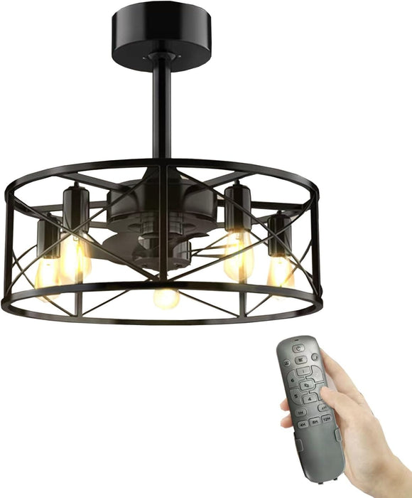 20 in. Black Caged Ceiling Fandelier with Lights and Remote, Farmhouse Flush Mount Ceiling Fan without Blades for Living Room Bedroom Kitchen-1-ErisView
