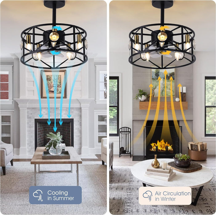 20 in. Black Caged Flush Mount Ceiling Fan Light, Farmhouse Small Reversible Ceiling Fan for Bedroom Office, Kitchen Ceiling Fans with Lights -10-ErisView