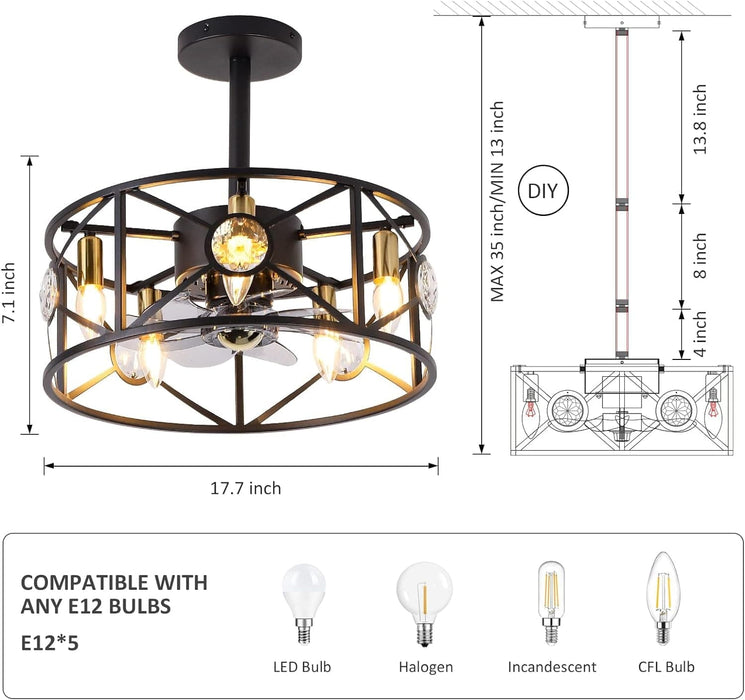 20 in. Black Caged Flush Mount Ceiling Fan Light, Farmhouse Small Reversible Ceiling Fan for Bedroom Office, Kitchen Ceiling Fans with Lights -11-ErisView